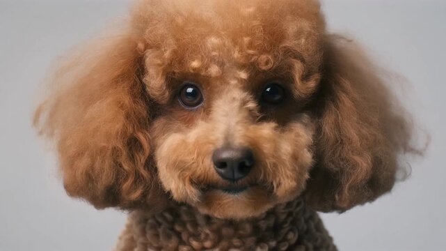 Close-up of happy toy poodle with fluffy curly fur and round dark eyes
