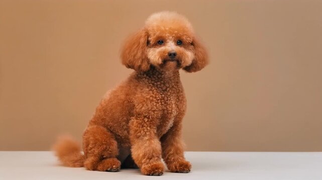 Freshly groomed apricot toy poodle sitting elegantly with well-trimmed curly fur in soft studio light