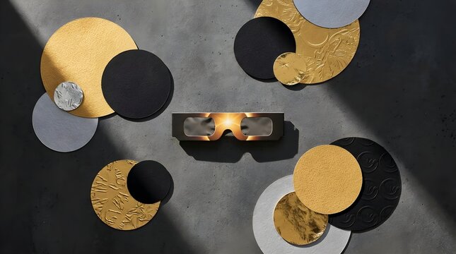 Artistic flat lay of safety eyewear for a solar eclips event with decorative gold and black circles.