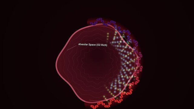 Educational 3D animation of respiratory gas exchange showing oxygen moving from alveolar space into erythrocytes through capillary endothelium