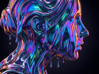 Obraz premium Surreal 3D digital art of a woman's profile covered in vibrant holographic metallic liquid