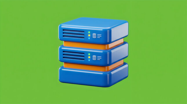 Three stacked server racks with blue and orange design