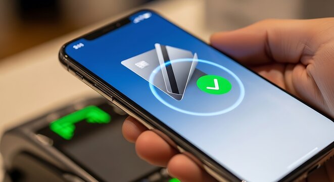 A person is using their smartphone to make a contactless payment by holding it near a credit card reader. The phone screen displays a successful payment confirmation.
