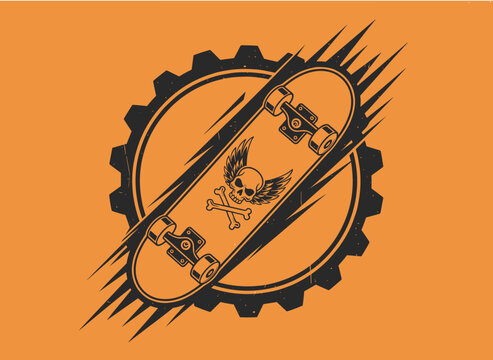 Dynamic orange backdrop showcases a bold graphic emblem featuring a skateboard's silhouette superimposed over a toothed wheel with a striking skull and crossbones motif, embodying a rebellious