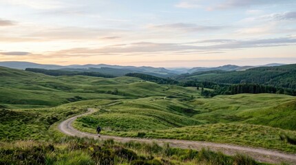 Obraz premium Dirt path winding through rolling green mountain hills.
