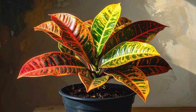 Vibrant potted plant displays striking red, yellow, and green variegated leaves