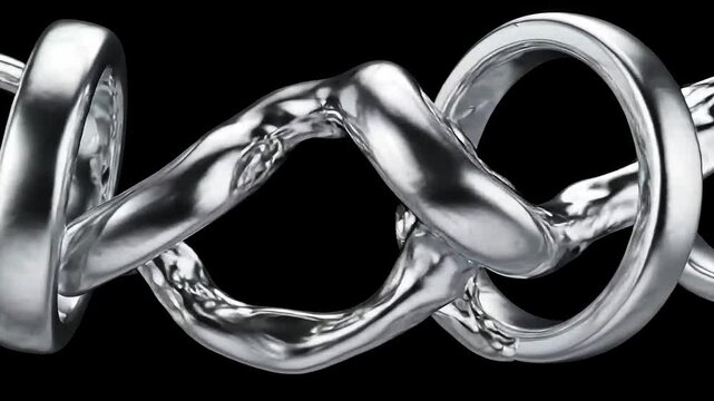 Abstract 3D render of twisted silver metal loop and chrome rings with precision technological design