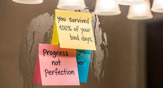 Close-up of colorful sticky notes attached to a surface, displaying handwritten motivational quotes like You survived 100 of your bad days and Progress not Perfection.