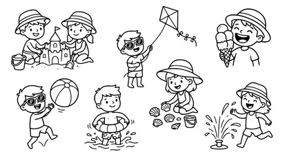 Obraz premium Cute Summer Kids Cartoon Outline Vector Set Black and White Coloring Book Illustration