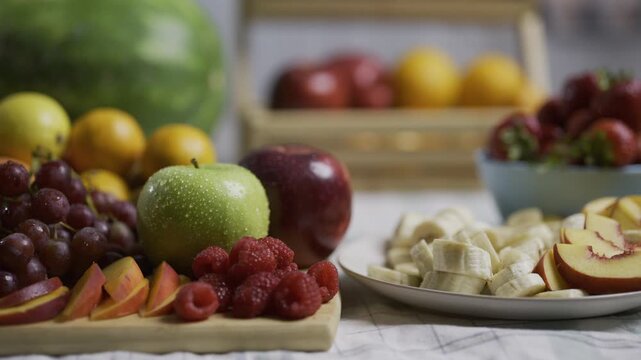 Many plates filled with sliced fruit on kitchen counter - close, tracking shot