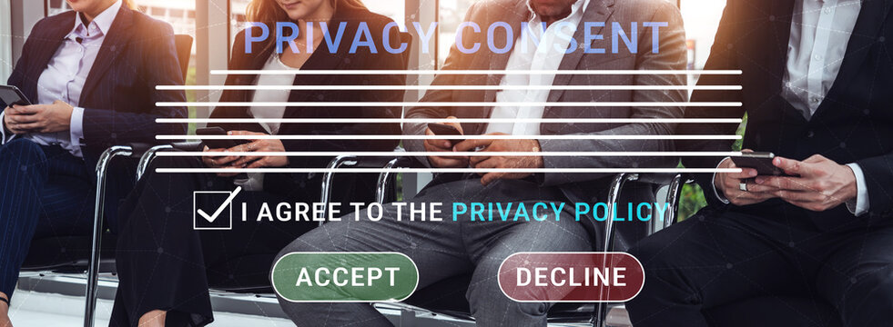 Individuals in Business Attire Reviewing Privacy Policy Statements on Mobile Devices in Modern Office Environment Haptic.