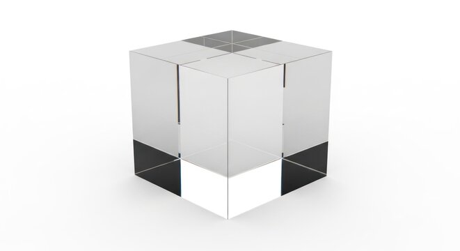 Abstract 3D Render of a Transparent Glass Cube with Reflective Surfaces on a White Background.