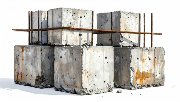 Rough concrete blocks with exposed rebar, stacked and weathered