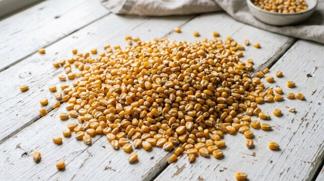 Dried corn kernels on white wooden boards.