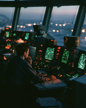 Air traffic control command center at night with illuminated radar screens and aviation professionals monitoring flight data