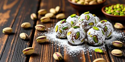 Obraz premium Round Indian sweets with green pistachios on dark wooden table. Confectionery balls dusted in powdered sugar look delicious. Fresh nuts in bowls sit nearby. Sweet snack serves as festive celebration