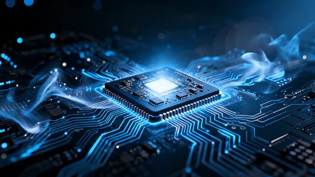 Advanced Digital Processor Unit Featuring Glowing Blue Circuitry Lines and Futuristic Data Flow Energy Patterns for High Performance Computing