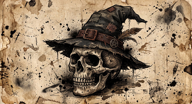 grunge style illustration of a human skull wearing a witch hat with splatters and textures on an old paper background