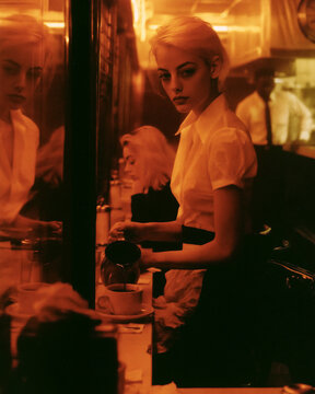 Retro 1950s diner interior portrait of a waitress serving coffee in black and white nightlife ambiance