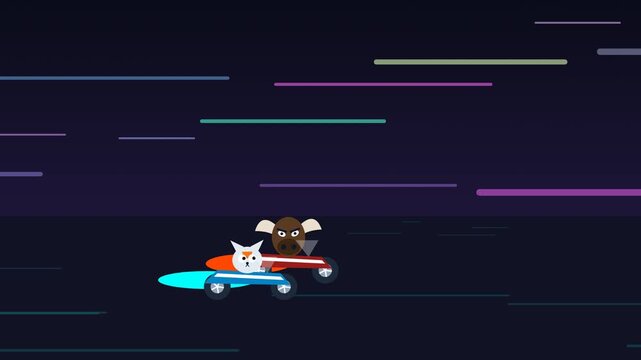 Funny 2D cartoon animation of a futuristic car race where a white cat character speeds past a rival and celebrates winning first place on a podium