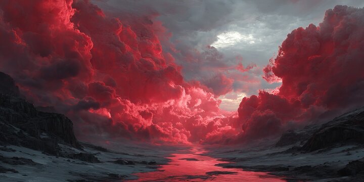 Dramatic Red Sky Landscape with Reflective Water and Dark Shores.