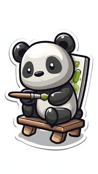Cute panda bear painting on a canvas with a brush as a cartoon sticker