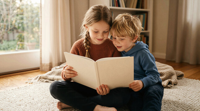 Two young siblings sharing a book together indoors