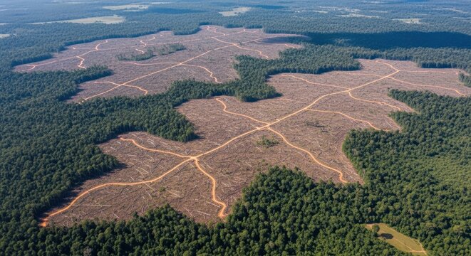 Aerial view of tropical forest deforestation showing cleared land with roads, highlighting environmental impact.