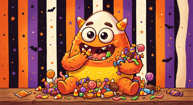 a funny candy corn monster illustration with large eyes eating candy against a striped background in halloween tones