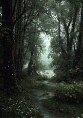 Fototapeta premium Enchanted Forest Path - A Journey Through Verdant Mystery.