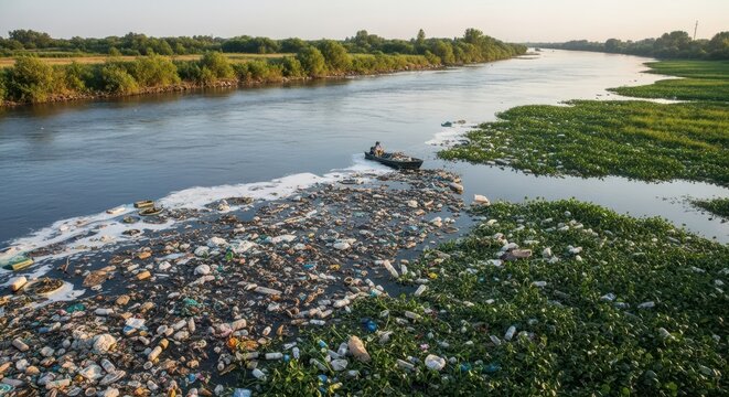 Boat navigating polluted river choked with plastic waste and floating debris on a sunny day