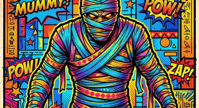 pop art style illustration of a mummy wrap with comic book dot screen pattern and bold outlines in bright hues