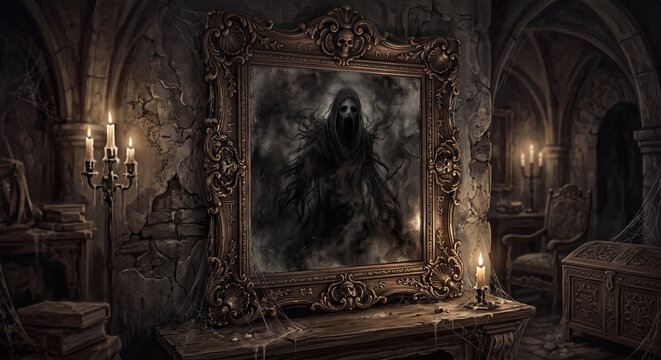 surreal illustration of a haunted mirror showing a shadowy figure instead of a reflection inside an ornate antique frame
