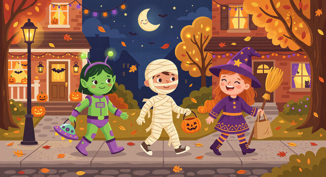 cute flat illustration of three kids in costumes including a mummy and alien walking down a street with falling leaves at night