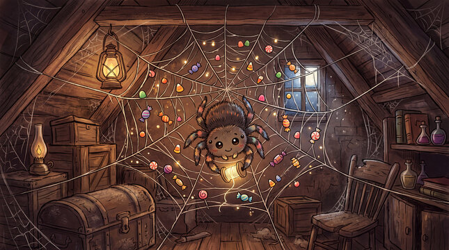 hand drawn digital illustration of a cute spider spinning a web with small trapped candies inside a spooky dimly lit attic