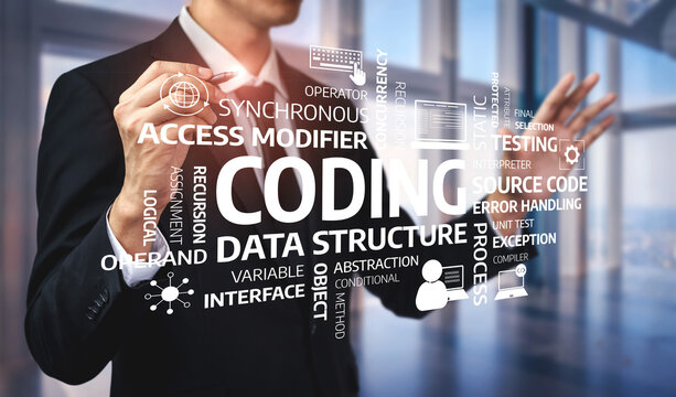 A professional software developer interacts with key coding concepts on a clear screen in a modern office space. The image emphasizes technology and education. Tessel