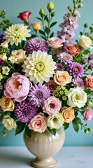 Obraz premium Beautiful floral arrangement with diverse colorful flowers in a ceramic vase. Features peonies roses dahlias asters. Fresh blossoms create a stunning natural display.