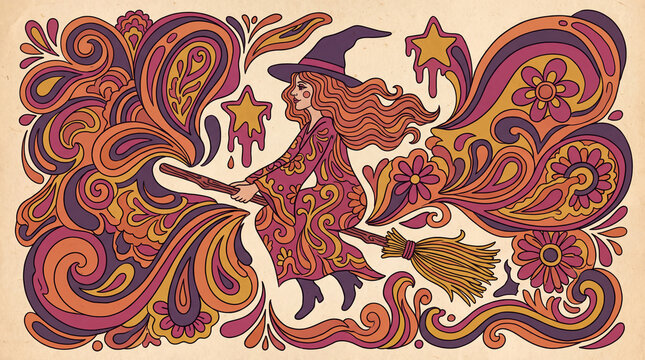 groovy 1970s style psychedelic illustration of a witch on a broomstick with wavy hair and floral patterns in orange and purple tones