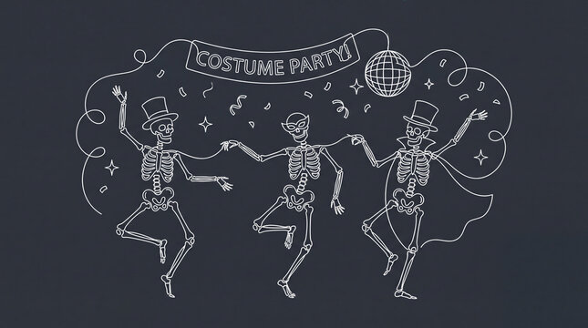 simple continuous line art graphic of three skeletons dancing at a costume party with confetti and stars around them on dark background