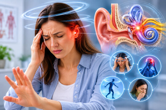 Woman suffering from vertigo dizziness with inner ear anatomy and vestibular disorder illustration
