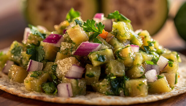 Colorful Fresh Salsa Topped Nachos on Plate.
