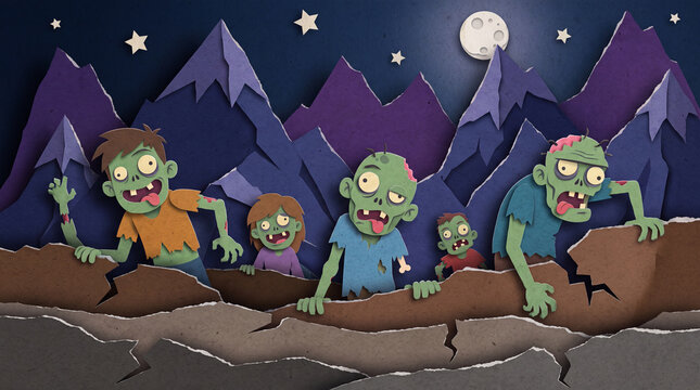 layered paper cut style illustration showing a group of funny zombies crawling out of the ground at night with jagged mountains background