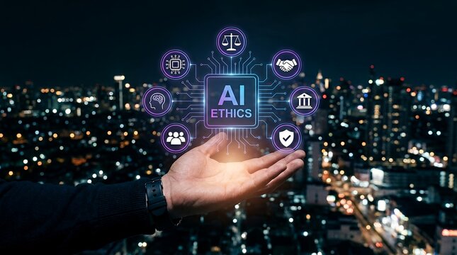 A hand holding a glowing infographic of AI ethics symbols against a blurred cityscape at night representing responsible technology artificial intelligence responsibility digital