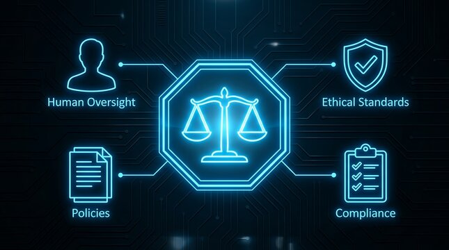Digital infographic illustrating legal and ethical business principles including human oversight policies ethical standards and compliance law justice ethics policy corporate
