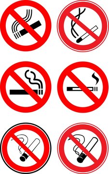 No Smoking Sign Set 6 Vector Icons Red Circle Prohibition Symbol