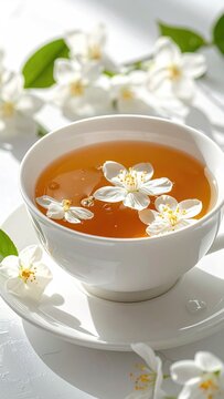 White cup of amber liquid with floating white blossoms and green leaves
