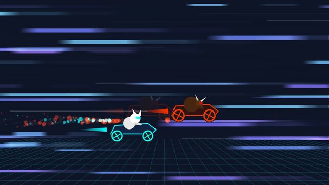 2D animation of a funny white domestic cat and a brown domestic cattle racing in futuristic glowing cars on a neon grid track with fast motion lines
