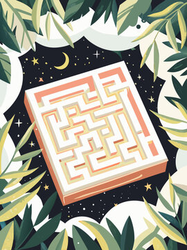 Flat vector illustration of a glowing labyrinth puzzle floating in a dark tropical jungle