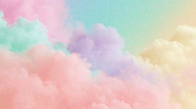 A beautiful dreamy background featuring soft fluffy clouds in pastel colors like pink and blue floating in the bright sky for a creative design project