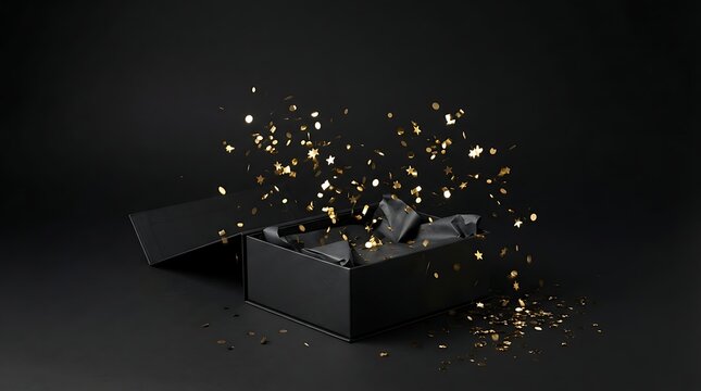 Black Surprise Box with Gold Confetti: An open black box is surrounded by a cascade of golden confetti, suggesting a hidden surprise or a special gift against a dark background.